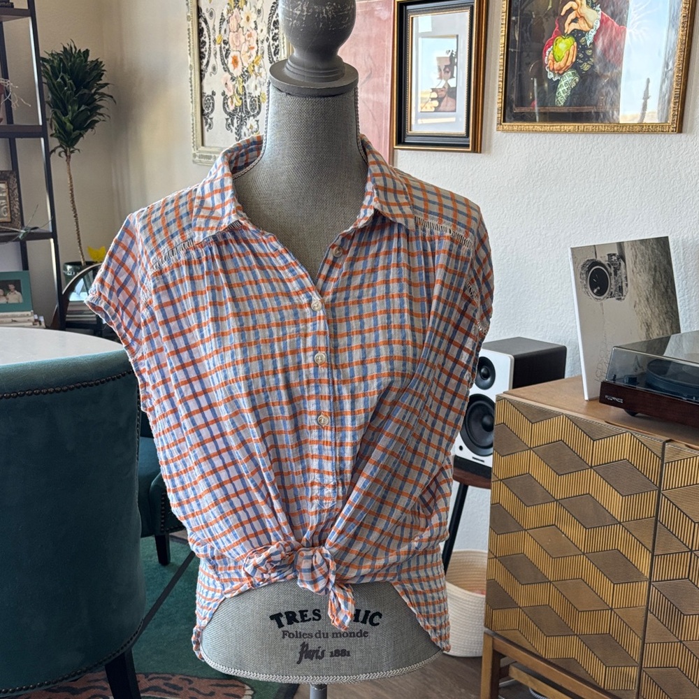 Pilcro Orange and Blue Checkered Button Down Shirt